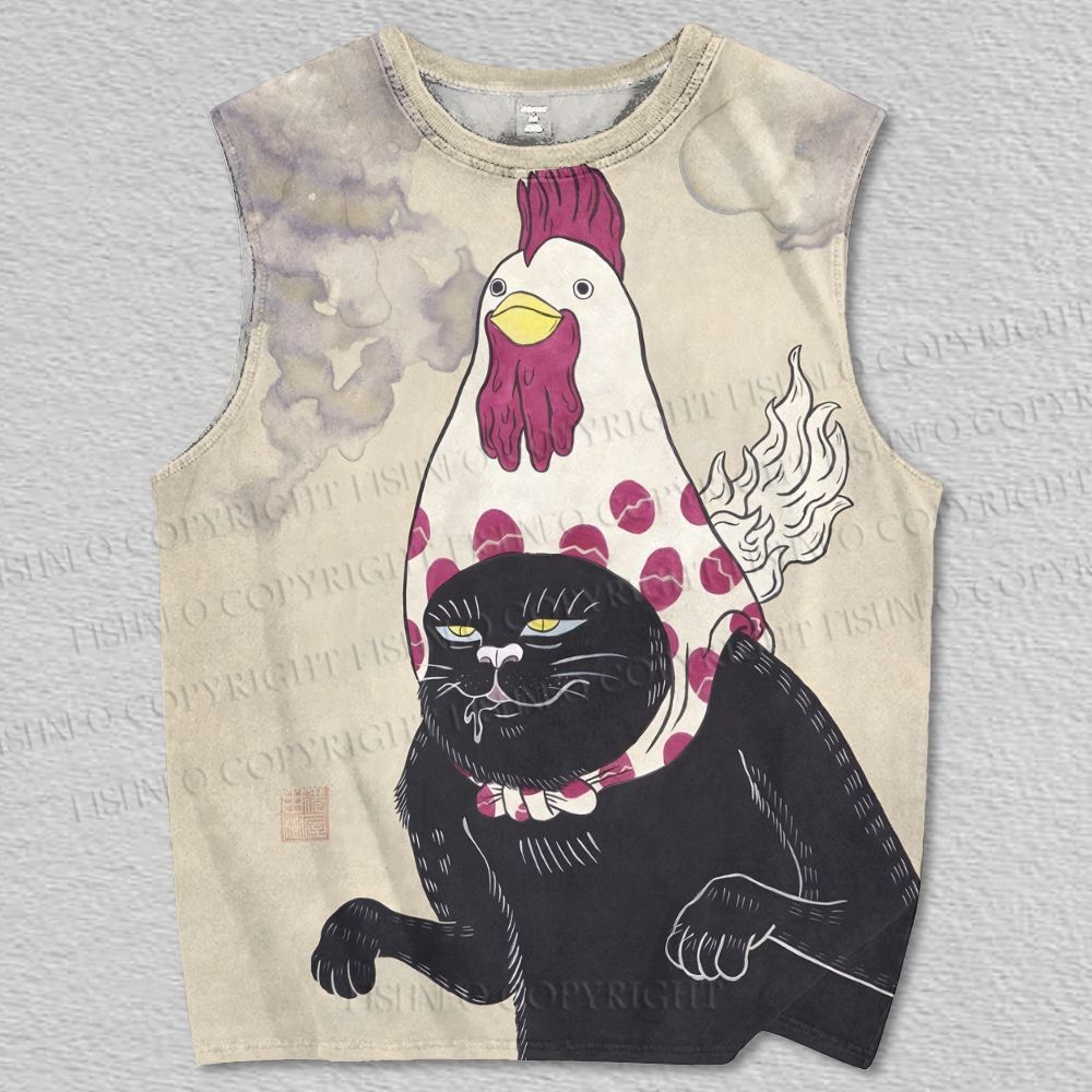 Unisex Japanese Black Cat Printed Tank Top