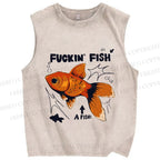 Unisex Fuckin Fish Printed Washed Tank Top