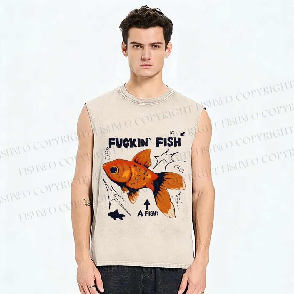 Unisex Fuckin Fish Printed Washed Tank Top