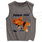 Unisex Fuckin Fish Printed Washed Tank Top