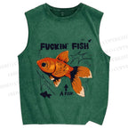 Unisex Fuckin Fish Printed Washed Tank Top