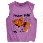 Unisex Fuckin Fish Printed Washed Tank Top