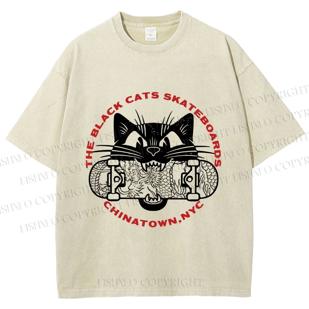 Unisex Black Cat Skateboard Printed Washed Tee