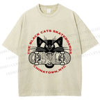 Unisex Black Cat Skateboard Printed Washed Tee