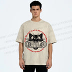 Unisex Black Cat Skateboard Printed Washed Tee