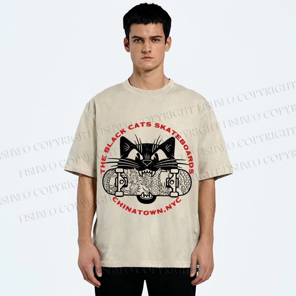 Unisex Black Cat Skateboard Printed Washed Tee