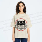 Unisex Black Cat Skateboard Printed Washed Tee