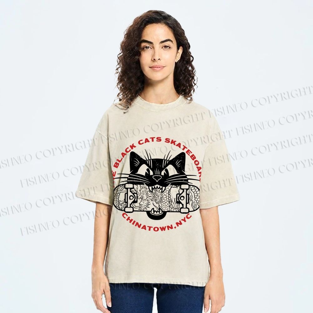Unisex Black Cat Skateboard Printed Washed Tee