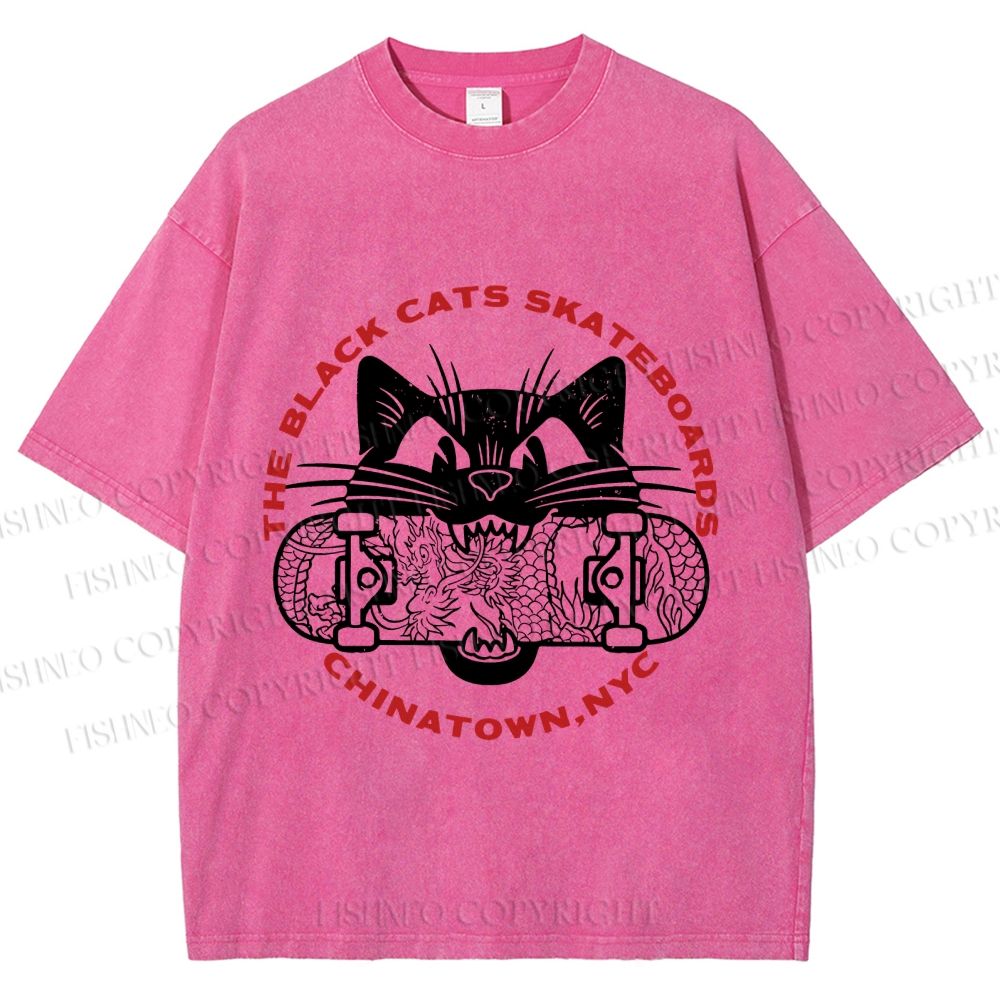 Unisex Black Cat Skateboard Printed Washed Tee