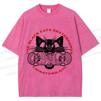 Unisex Black Cat Skateboard Printed Washed Tee