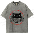 Unisex Black Cat Skateboard Printed Washed Tee