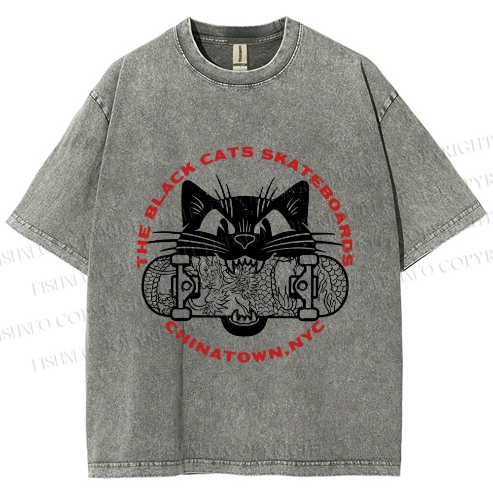 Unisex Black Cat Skateboard Printed Washed Tee