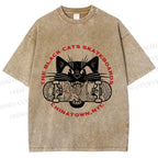 Unisex Black Cat Skateboard Printed Washed Tee