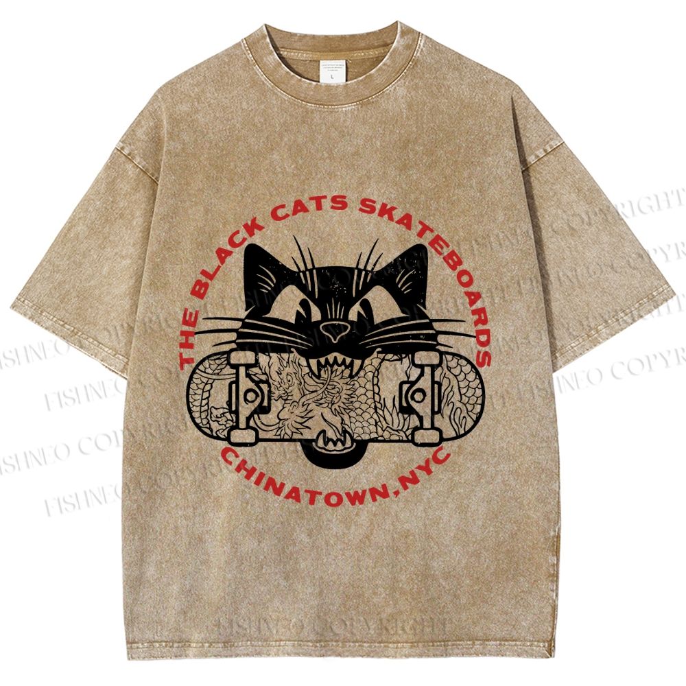 Unisex Black Cat Skateboard Printed Washed Tee