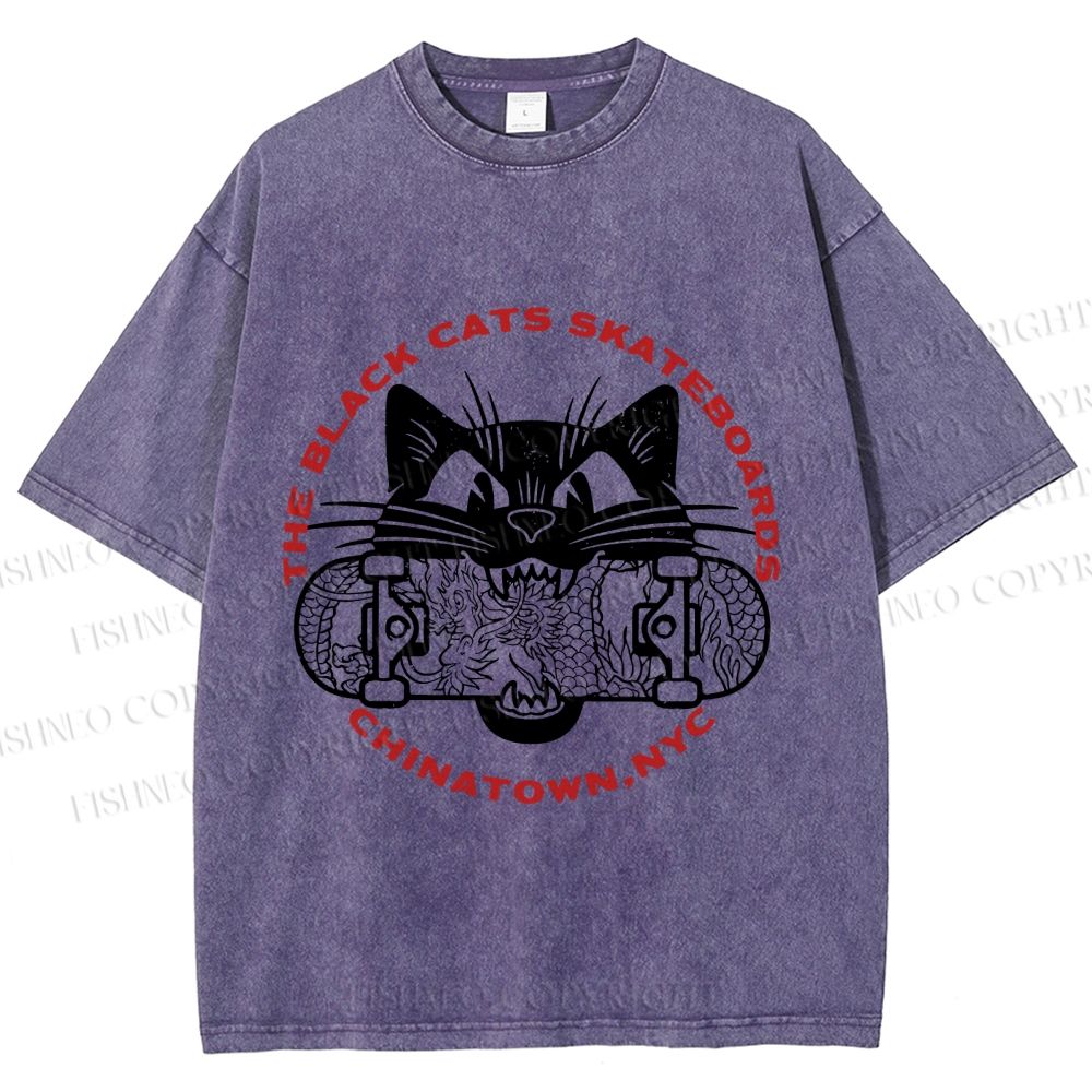 Unisex Black Cat Skateboard Printed Washed Tee