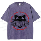 Unisex Black Cat Skateboard Printed Washed Tee