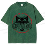 Unisex Black Cat Skateboard Printed Washed Tee