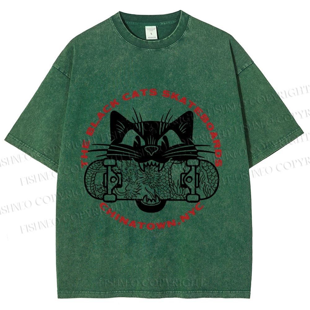 Unisex Black Cat Skateboard Printed Washed Tee