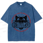 Unisex Black Cat Skateboard Printed Washed Tee