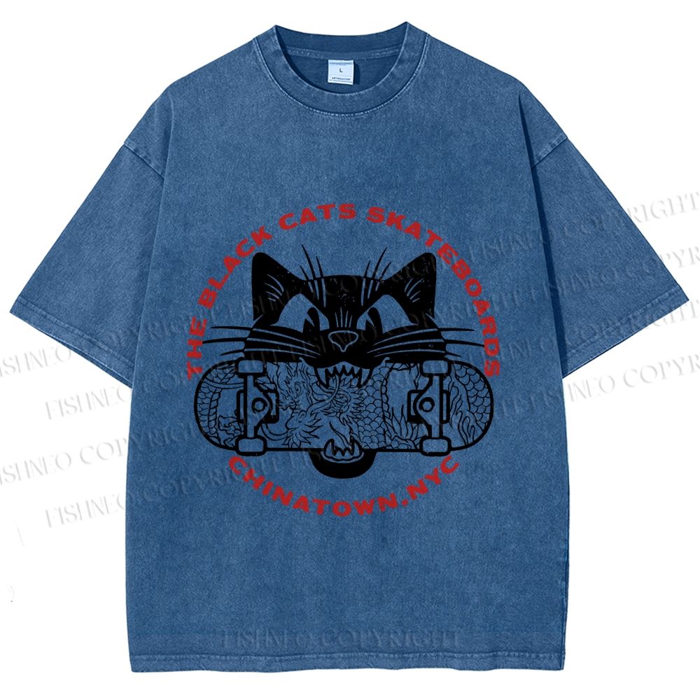 Unisex Black Cat Skateboard Printed Washed Tee