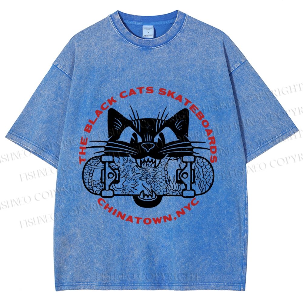 Unisex Black Cat Skateboard Printed Washed Tee