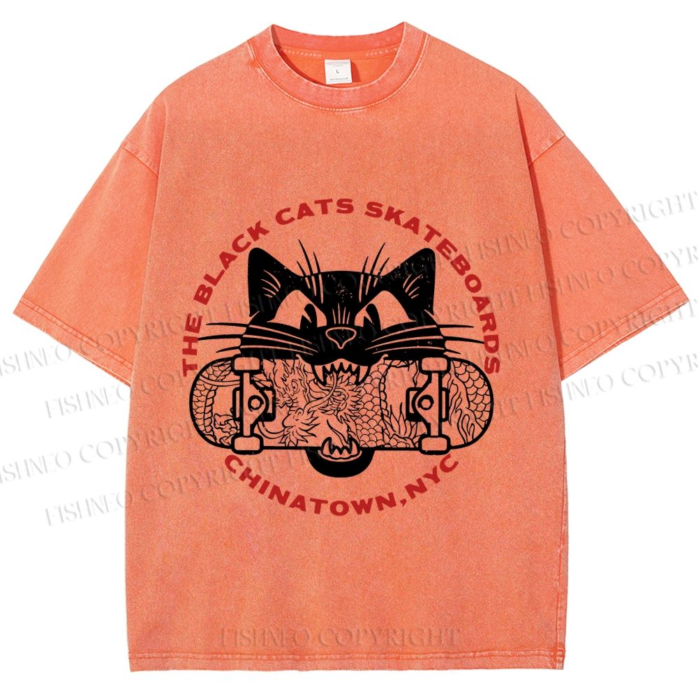 Unisex Black Cat Skateboard Printed Washed Tee