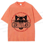 Unisex Black Cat Skateboard Printed Washed Tee