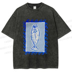 Unisex Blue Fish Printed Washed Tee