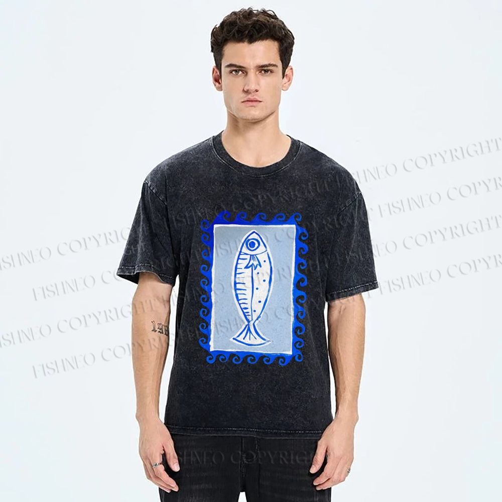 Unisex Blue Fish Printed Washed Tee