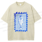 Unisex Blue Fish Printed Washed Tee