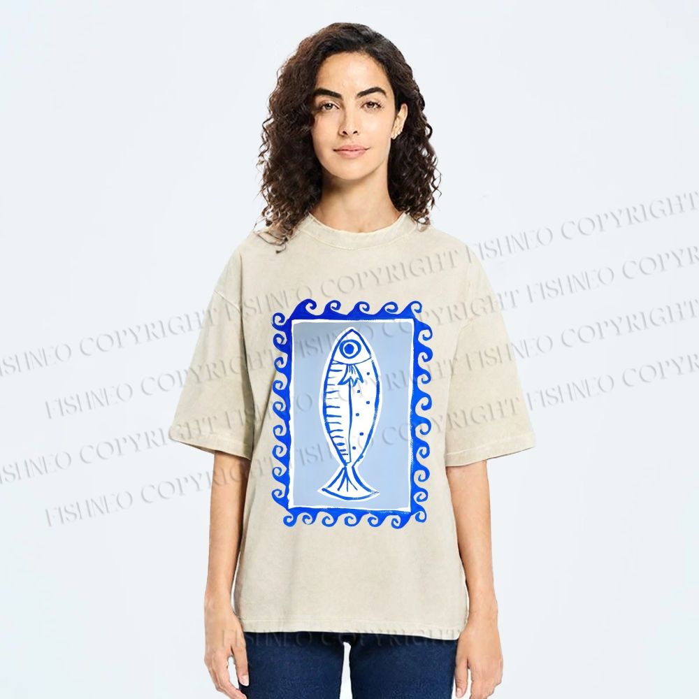 Unisex Blue Fish Printed Washed Tee