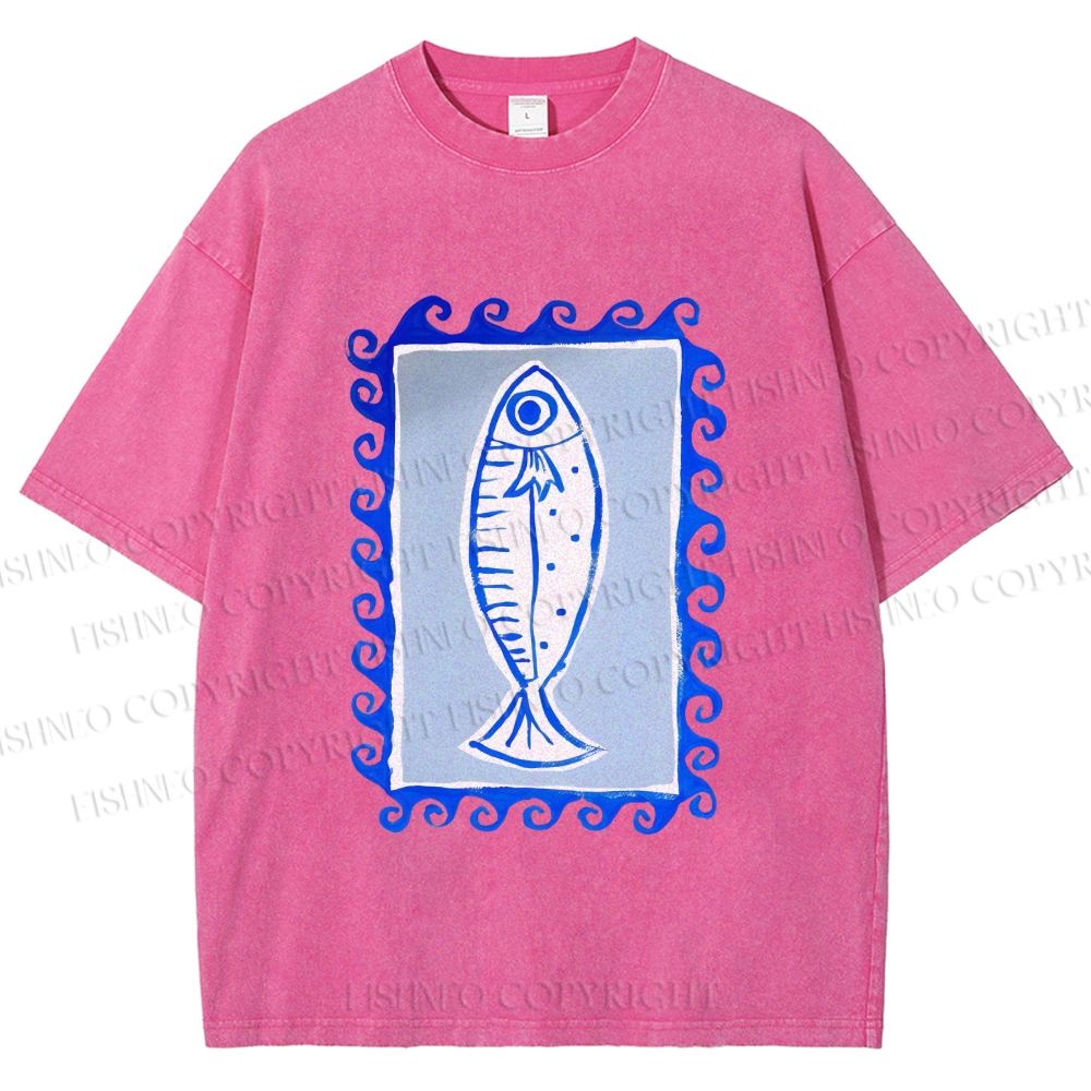 Unisex Blue Fish Printed Washed Tee