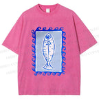 Unisex Blue Fish Printed Washed Tee