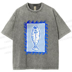 Unisex Blue Fish Printed Washed Tee