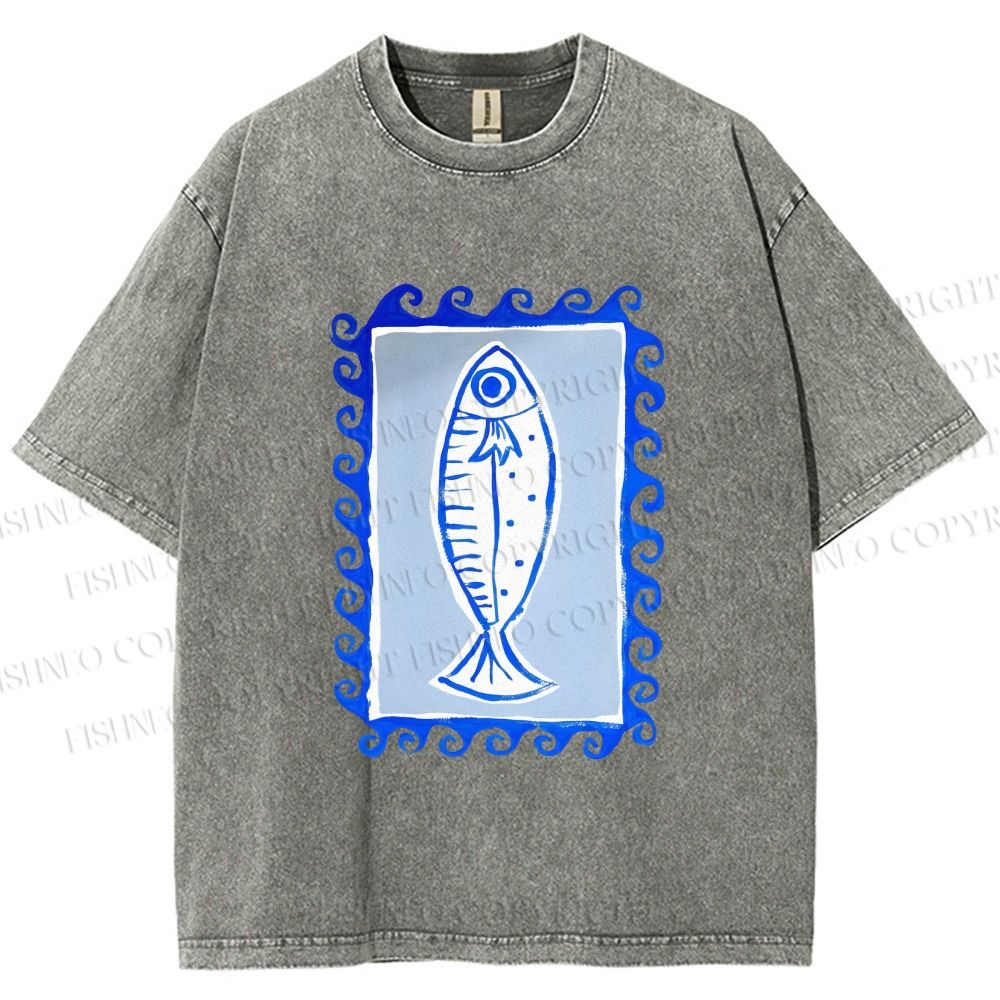 Unisex Blue Fish Printed Washed Tee