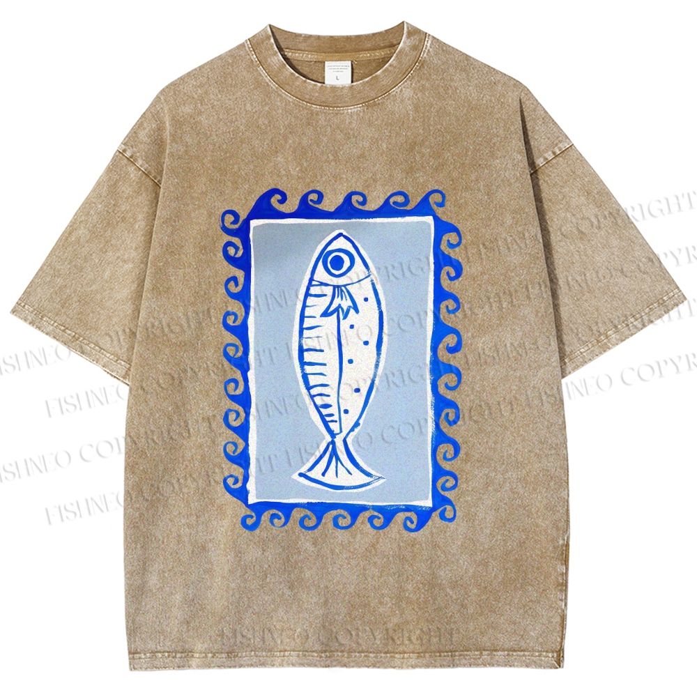 Unisex Blue Fish Printed Washed Tee
