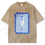 Unisex Blue Fish Printed Washed Tee