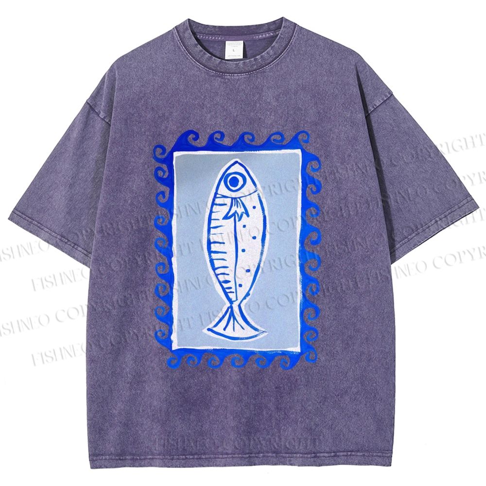 Unisex Blue Fish Printed Washed Tee