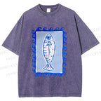 Unisex Blue Fish Printed Washed Tee
