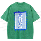 Unisex Blue Fish Printed Washed Tee