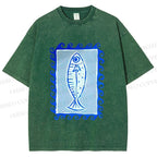 Unisex Blue Fish Printed Washed Tee