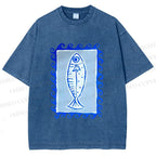 Unisex Blue Fish Printed Washed Tee