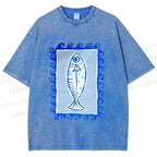 Unisex Blue Fish Printed Washed Tee