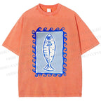 Unisex Blue Fish Printed Washed Tee