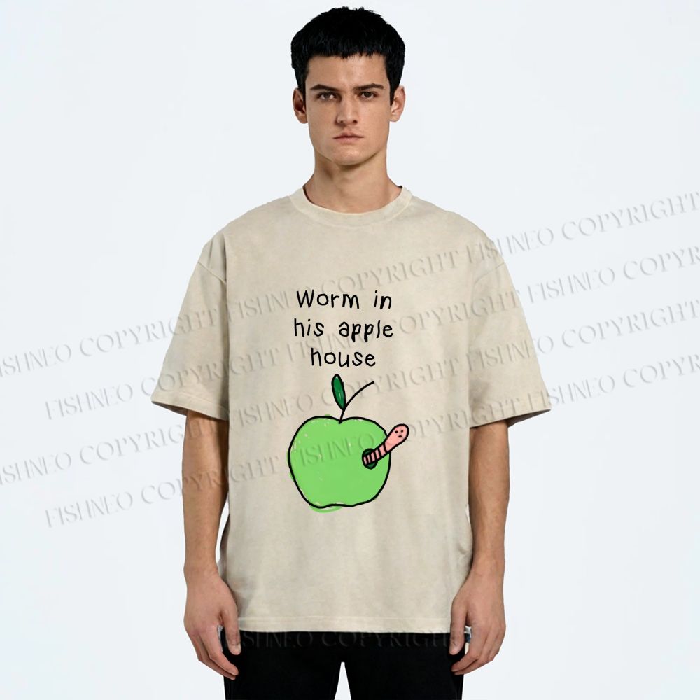 Unisex Worm in his Apple House Printed Washed Tee