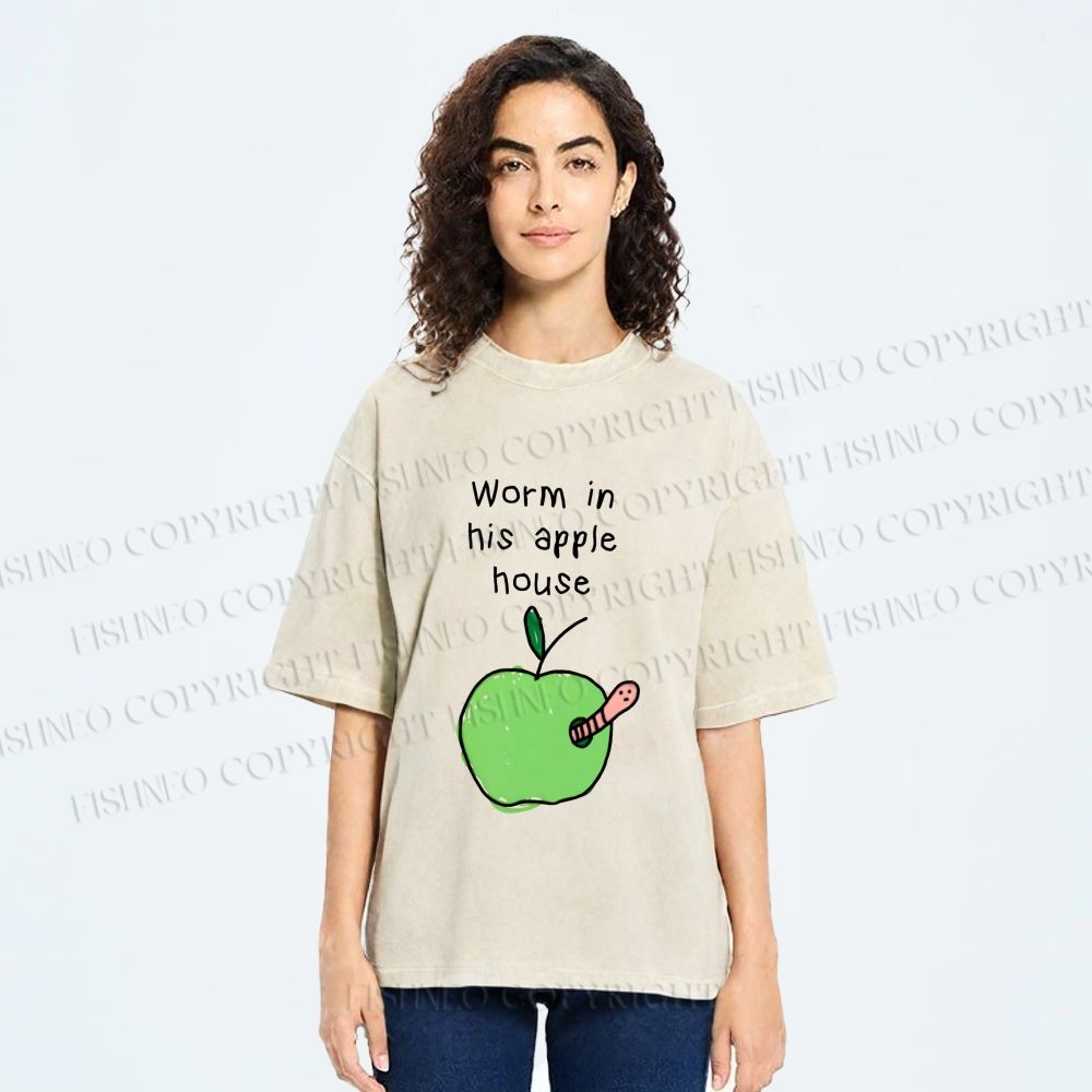 Unisex Worm in his Apple House Printed Washed Tee