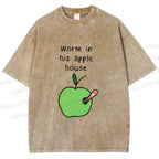 Unisex Worm in his Apple House Printed Washed Tee