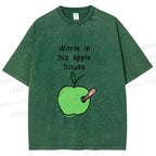 Unisex Worm in his Apple House Printed Washed Tee