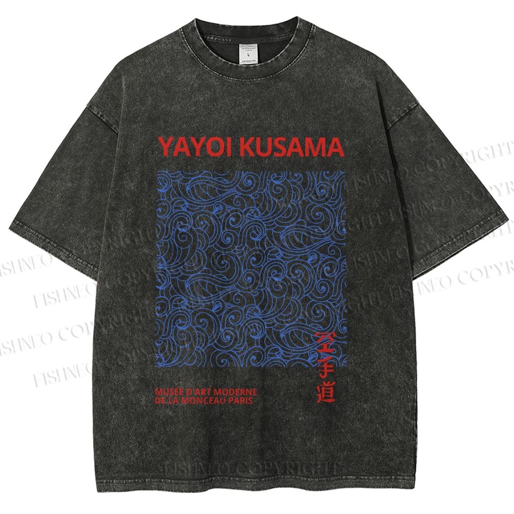 Unisex Yayoi Kusama Blue Wave Graffiti Printed Washed Tee