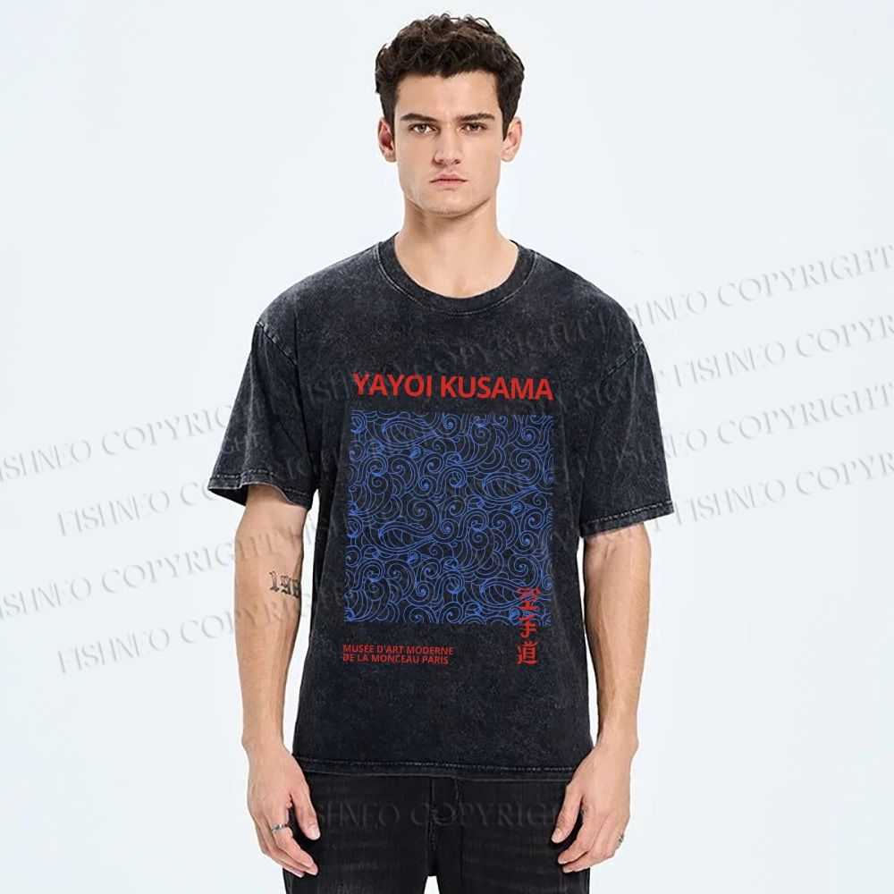 Unisex Yayoi Kusama Blue Wave Graffiti Printed Washed Tee